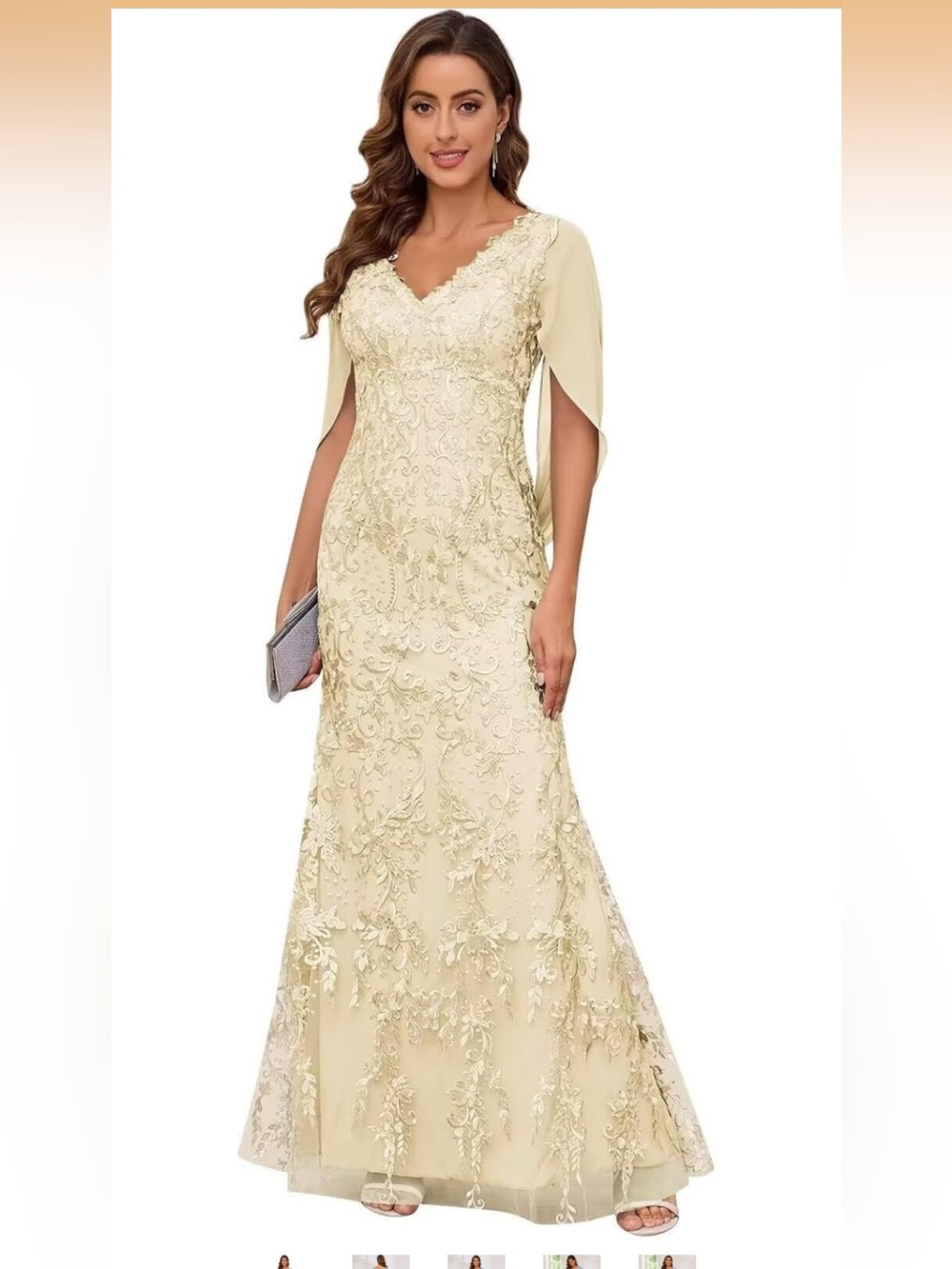 Elegant Champagne Lace Evening Gown with Cape Sleeves size 8